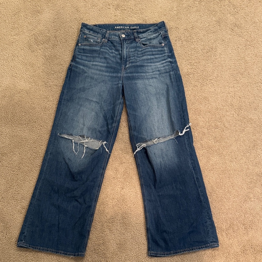 American Eagle Outfitters Distressed Wide Leg Jeans - Dark Blue